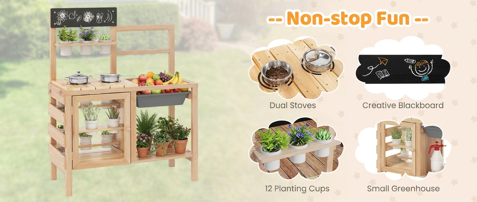 Patio Wooden Pretend Play Kitchen with Plants Observation Room for Kids Outdoor