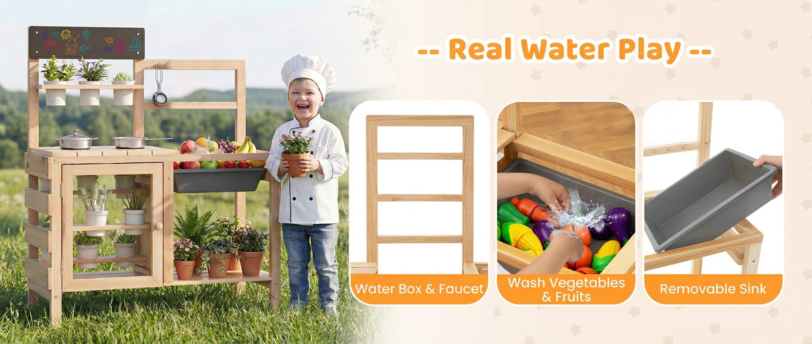 Patio Wooden Pretend Play Kitchen with Plants Observation Room for Kids Outdoor