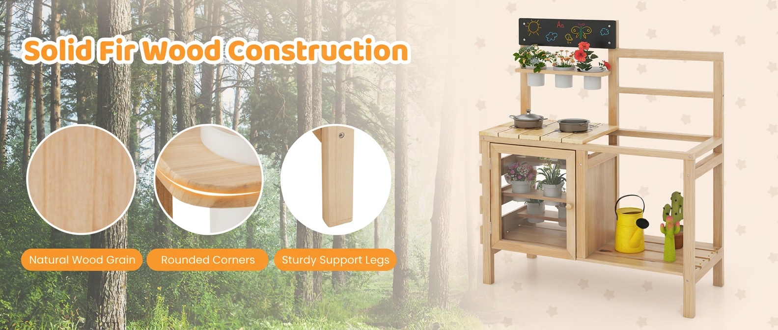 Patio Wooden Pretend Play Kitchen with Plants Observation Room for Kids Outdoor