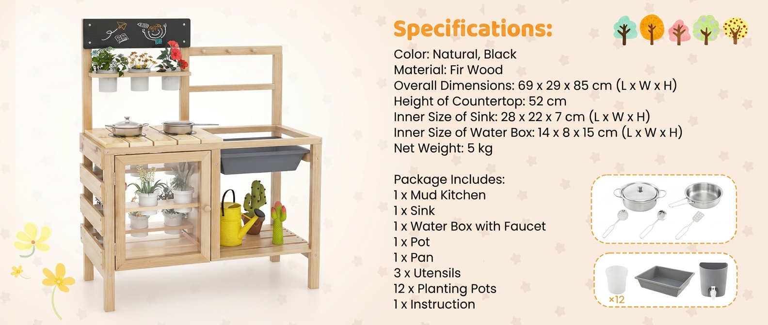 Patio Wooden Pretend Play Kitchen with Plants Observation Room for Kids Outdoor