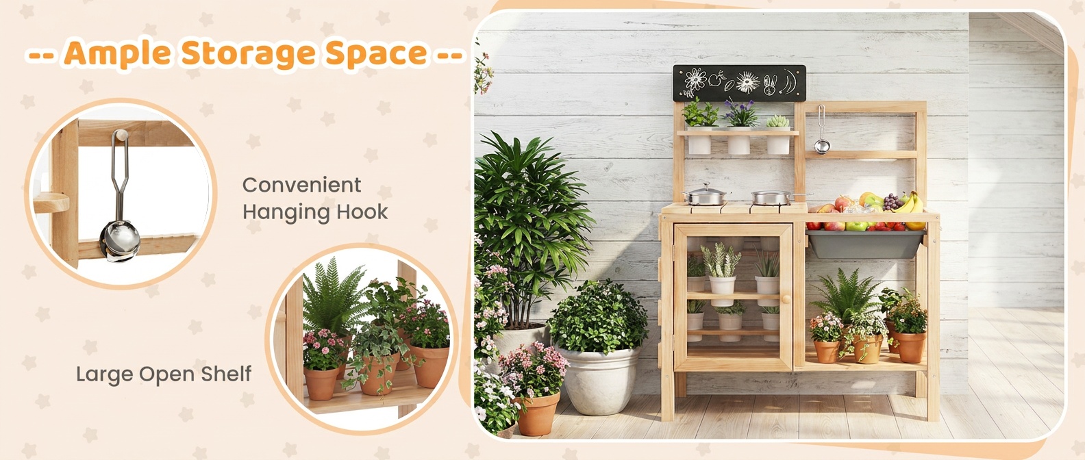 Patio Wooden Pretend Play Kitchen with Plants Observation Room for Kids Outdoor