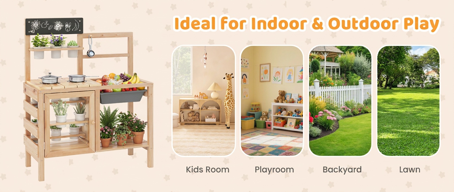 Patio Wooden Pretend Play Kitchen with Plants Observation Room for Kids Outdoor