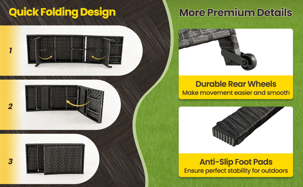 Folding Padded Rattan Patio Chaise Lounge with Adjustable Backrest and Quick Dry Foam