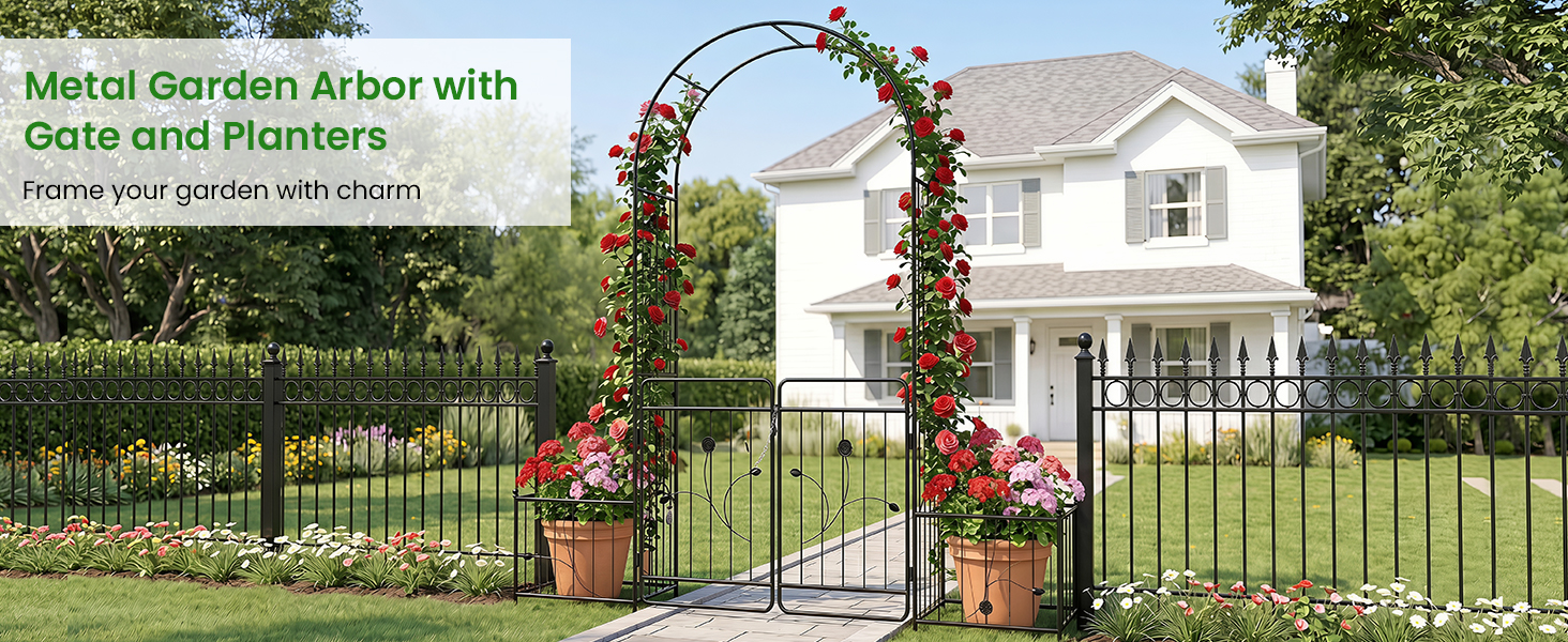 87 Inches Garden Arbor with Lockable Gate Side Planters