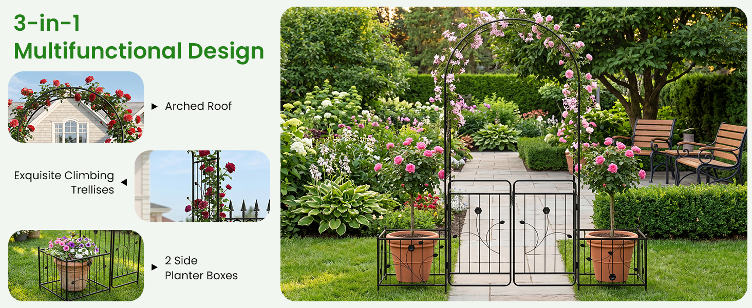 87 Inches Garden Arbor with Lockable Gate Side Planters