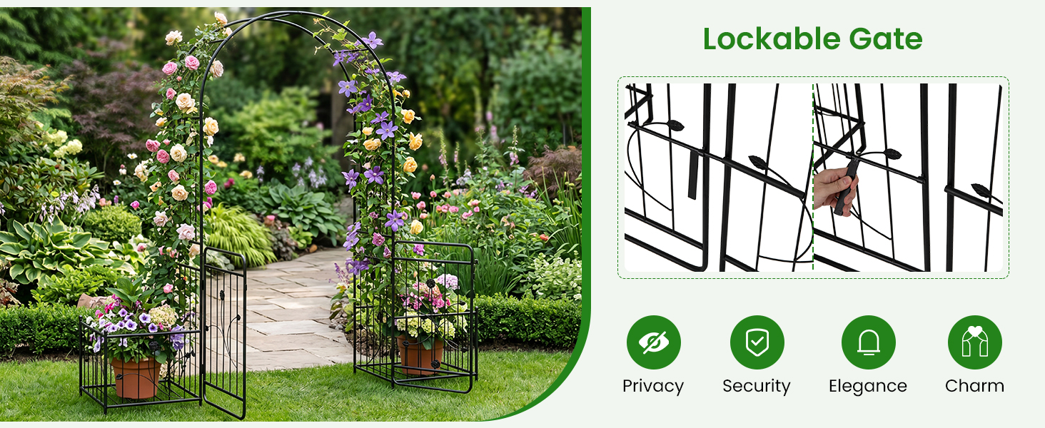 87 Inches Garden Arbor with Lockable Gate Side Planters